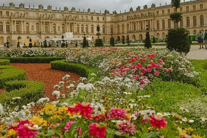 Flower parterres in bloom in front of the Palace of Versailles